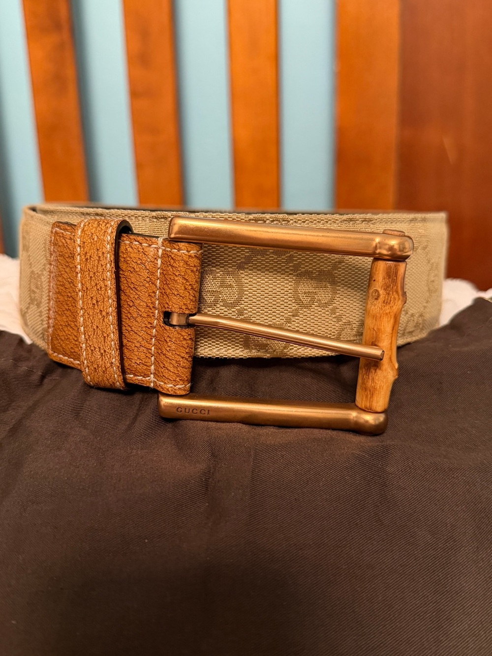 Gucci women Beige/Tan Signature Canvas Belt with Bamboo-Style Buckle